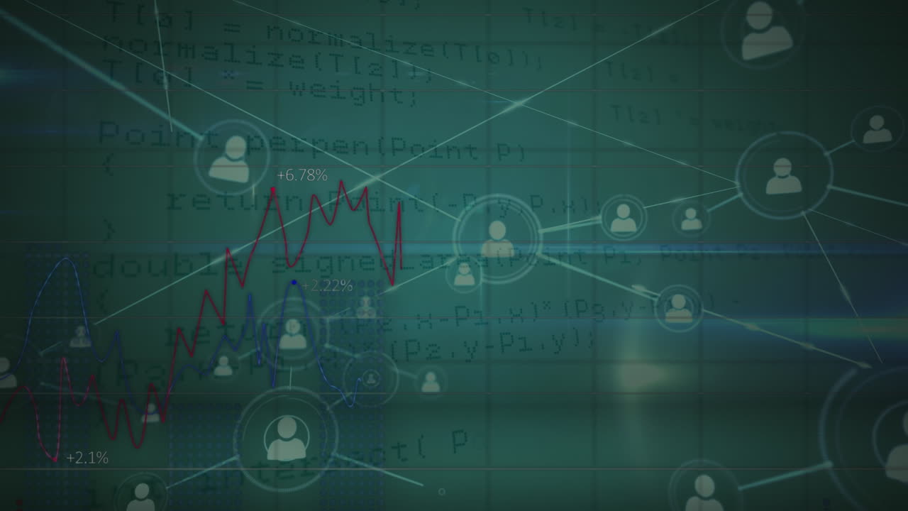 animación de la línea roja, red de conexiones con iconos de personas y procesamiento de datos sobre la cuadrícula