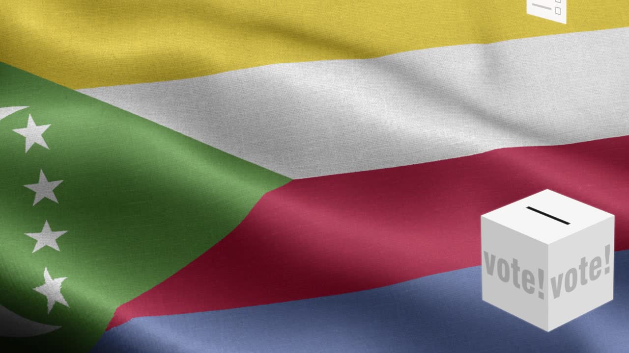 las papeletas de votación vuelan a la caja para la selección de las comoras - caja de votación frente a la bandera - elección - voto - bandera de las comoros - bandera de los comores de alto detalle - bandera nacional de las comores patrón de ondas elementos en bucle - textura de tela y bucle sin fin - bandera vertical