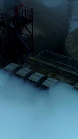 thick white smoke coming from the pipes at grain elevator. aerial shot of the metal tanks silo on grey foggy day. vertical video