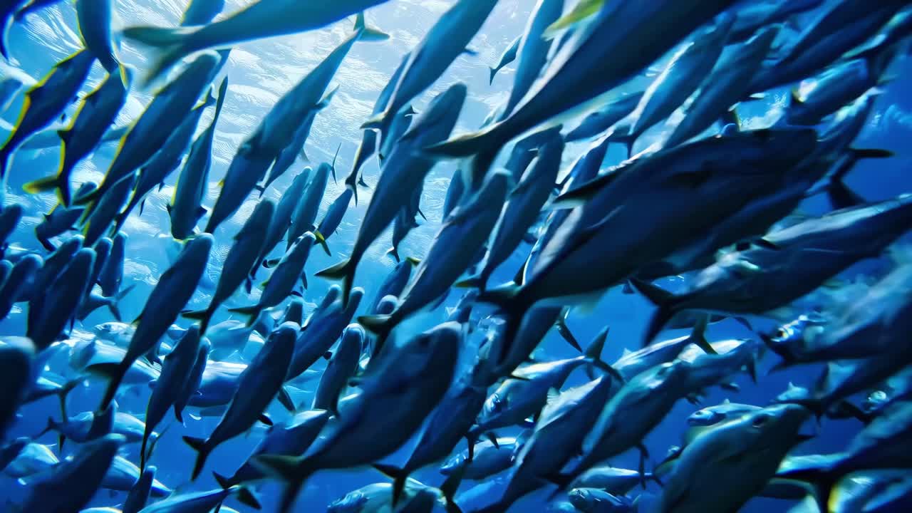 Underwater video captures a dynamic school of fish from a low-angle perspective, showcasing vibrant