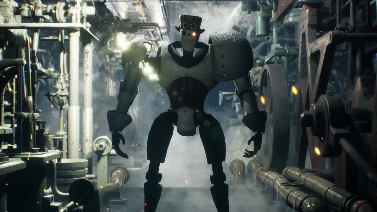 un capitalista robot ispeziona la sua fabbrica di lavoro con macchinari scintillanti e fumosi. concetto di un robot vintage antico. l'animazione è perfetta per gli sfondi steampunk, fantasy e tecnologici.