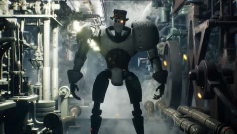 un robot capitalista inspecciona su fábrica de trabajo con maquinaria brillante y humeante. concepto de un robot vintage antiguo. la animación es perfecta para steampunk, fantasía y fondos tecnológicos.