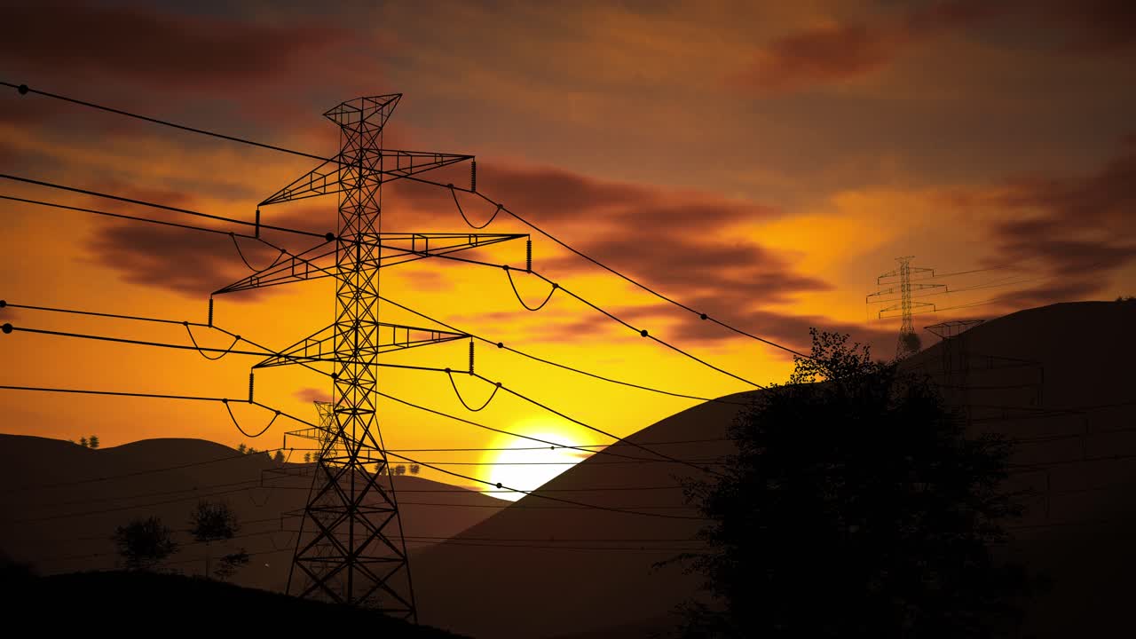 Sunset over Mountain Power Lines