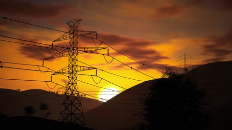 sunset over mountain power lines