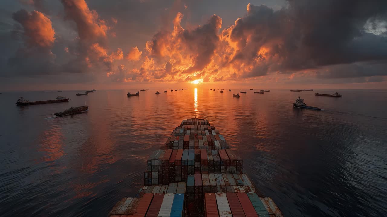 A Breathtaking Sunrise Over Tranquil Waters, as Container Ships Glide Silently Through the Calm Sea, Creating a Serene and Picturesque Maritime Landscape
