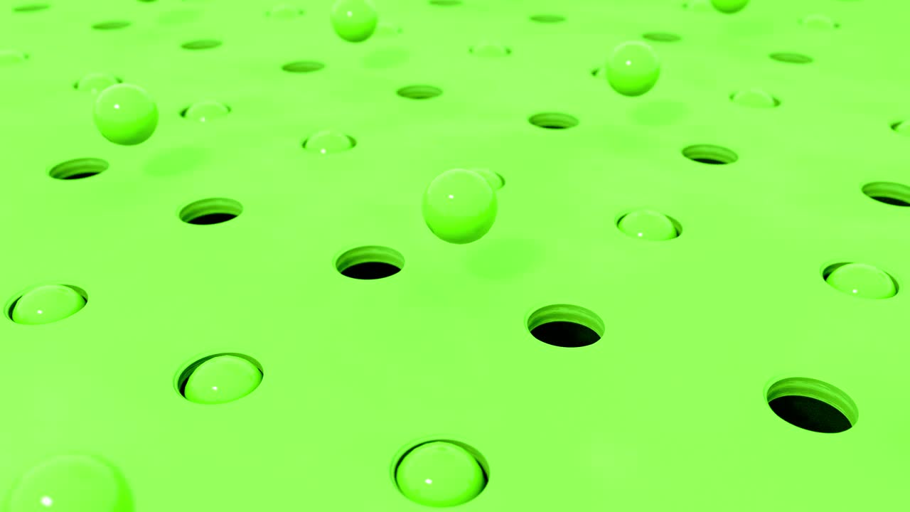 추상적인 3d 모양의 녹색 공이 다양한 파스텔 색상의 구으로 날아갑니다. 4k 컴퓨터 렌더링 루프 애니메이션.