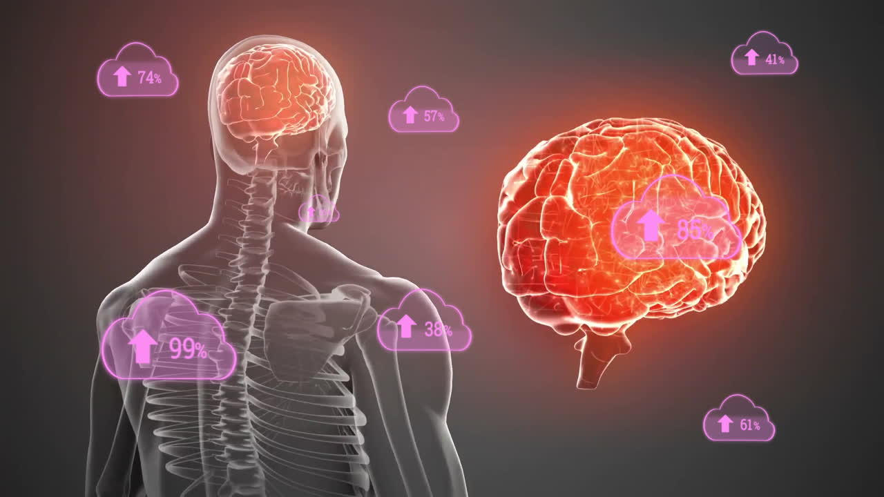 Animation of human brain and spine with cloud icons showing data percentages