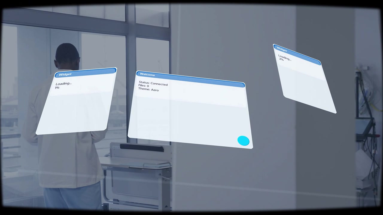 Lab technician standing by printer while system initializing and animating three widgets for status