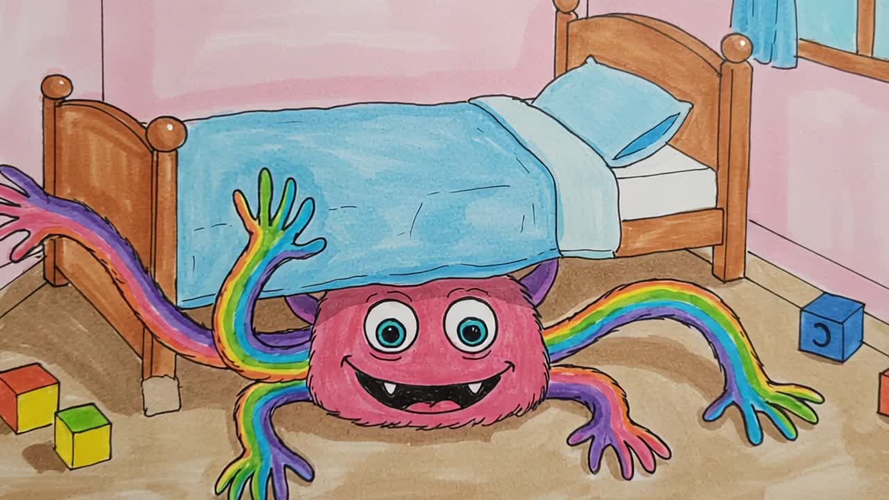 A playful and colorful cartoon monster peeks out from under a bed, showcasing its vibrant rainbow-colored arms in a whimsical children's bedroom setting