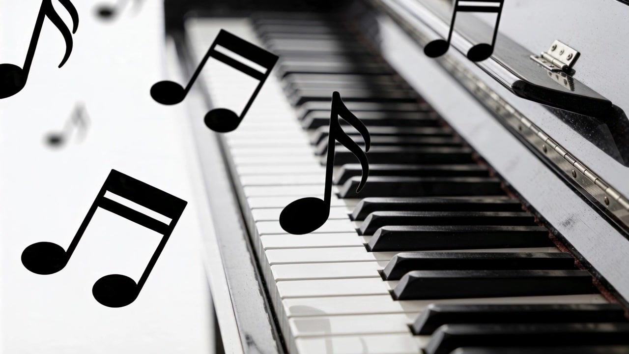 Animeret noder dukker op og svæver over et klaverklaviatur i et studie, hvor topkanten vækker musikken til live.