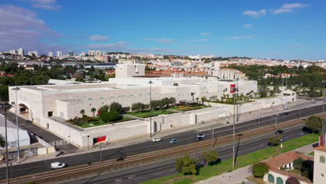 aerial view of centro cultural de belem (ccb) complex in lisbon, portugal.