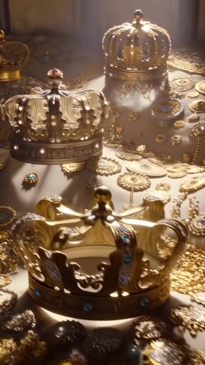 Video verticale: Telecamera scorrevole che rivela corone e monete d'oro ornate su un tavolo broccato, con gemme.