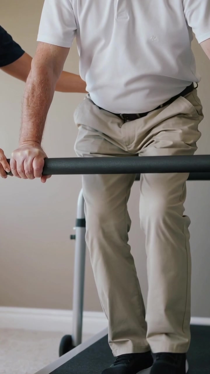 Video vertical: Paciente se sujeta a la barandilla mientras el clínico le ayuda a dar pasos para mejorar el equilibrio en la clínica
