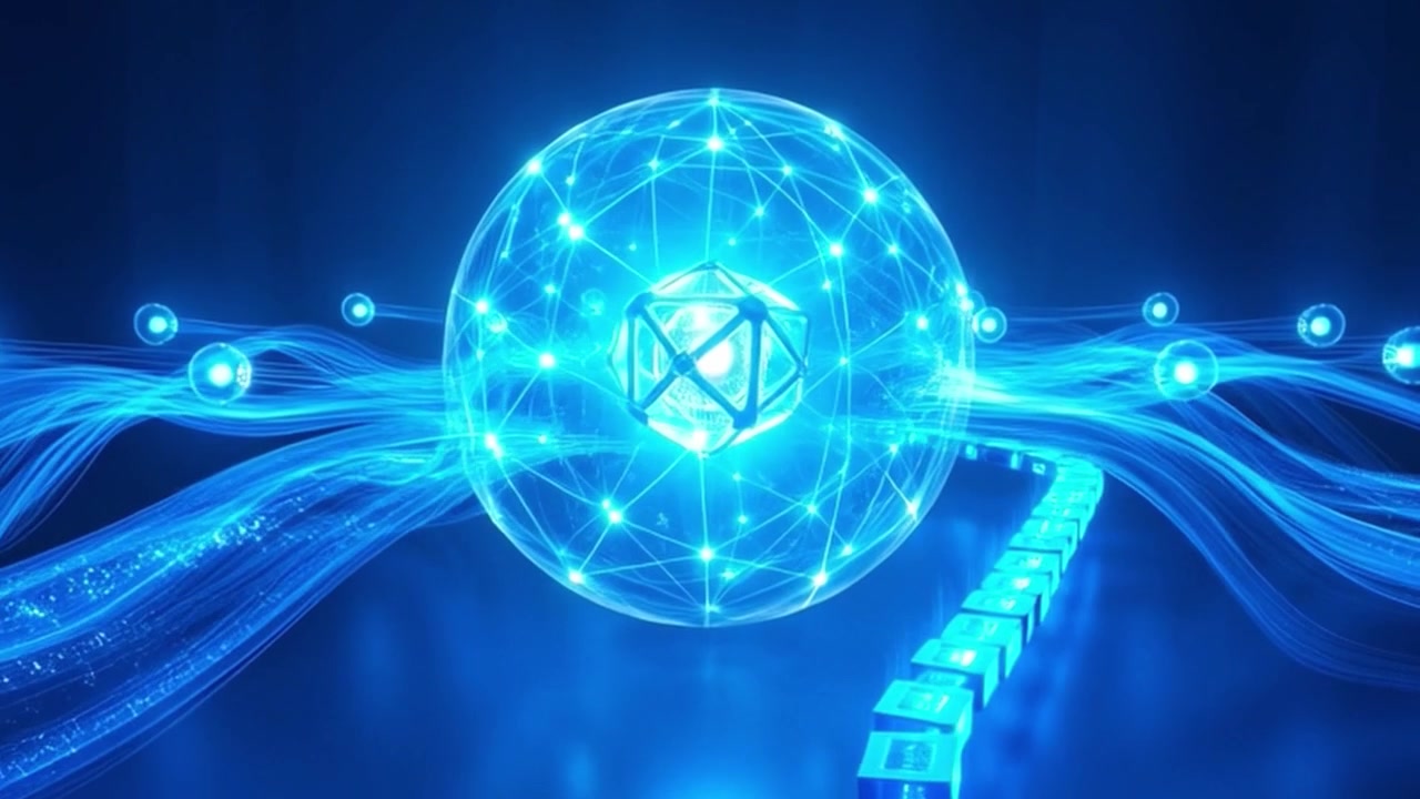 Abstrakt digital netværkssfære med data, der strømmer gennem forbundne kuber