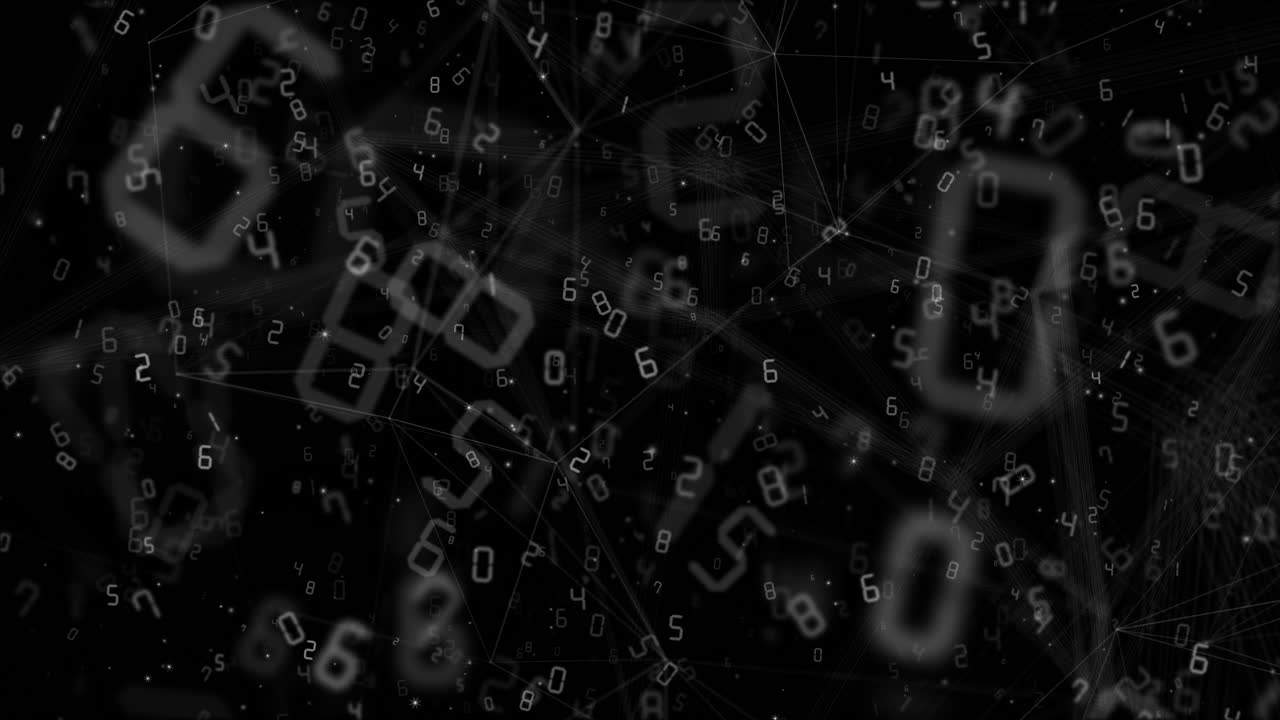 Polygon network with animated numbers on black background. Digital system, abstract and futuristic network. Plexus line. Loop motion graphic.