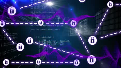 animazione della rete di icone di lucchetto di sicurezza su onde digitali viola e elaborazione dei dati