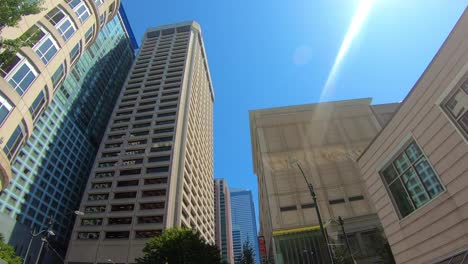 Cityscape-low-POV-of-high-raising-buildings-in-centre-of-Seatlle,-US