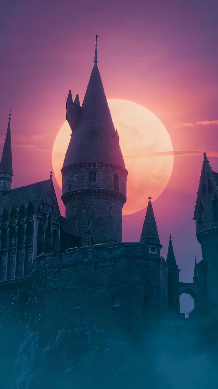 Vertical video: Moving camera rising tightening over cliff at dusk, framing turret against orb