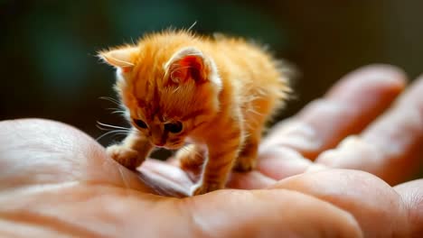 a small orange kitten walking across a person's hand