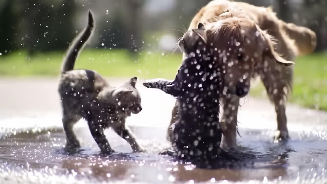 A Playful Golden Retriever and Curious Kittens Enjoy a Splashy Adventure in a Sunny Outdoor Setting with Dripping Water and Joyful Moments