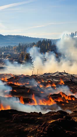wildfire consumes landscape during golden hour in mountainous region