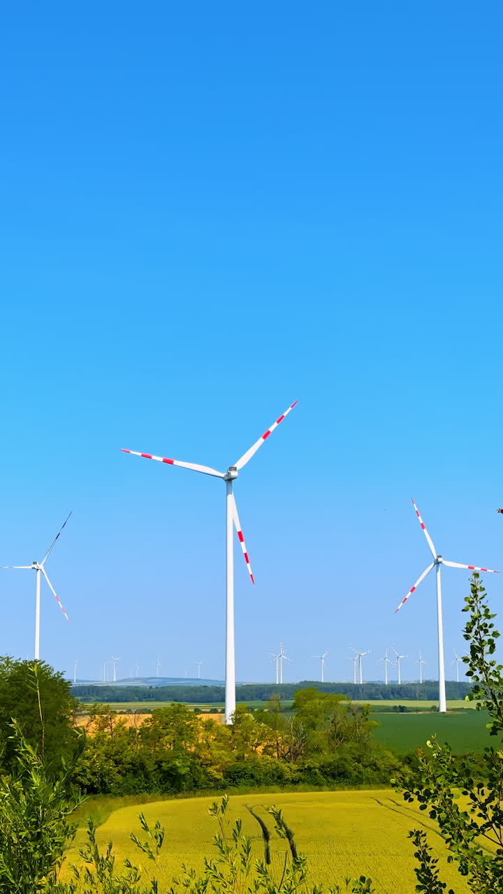Turbines rise in blue sky. Wind turbines rotate in the countryside under a vibrant blue sky, showcasing renewable energy and nature's beauty