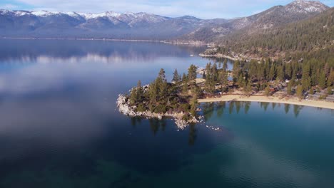 Lake-Tahoe-USA,-Aerial-View-of-Sand-Harbor-Park-and-Pristine-Coastline-on-Sunny-Winter-Day