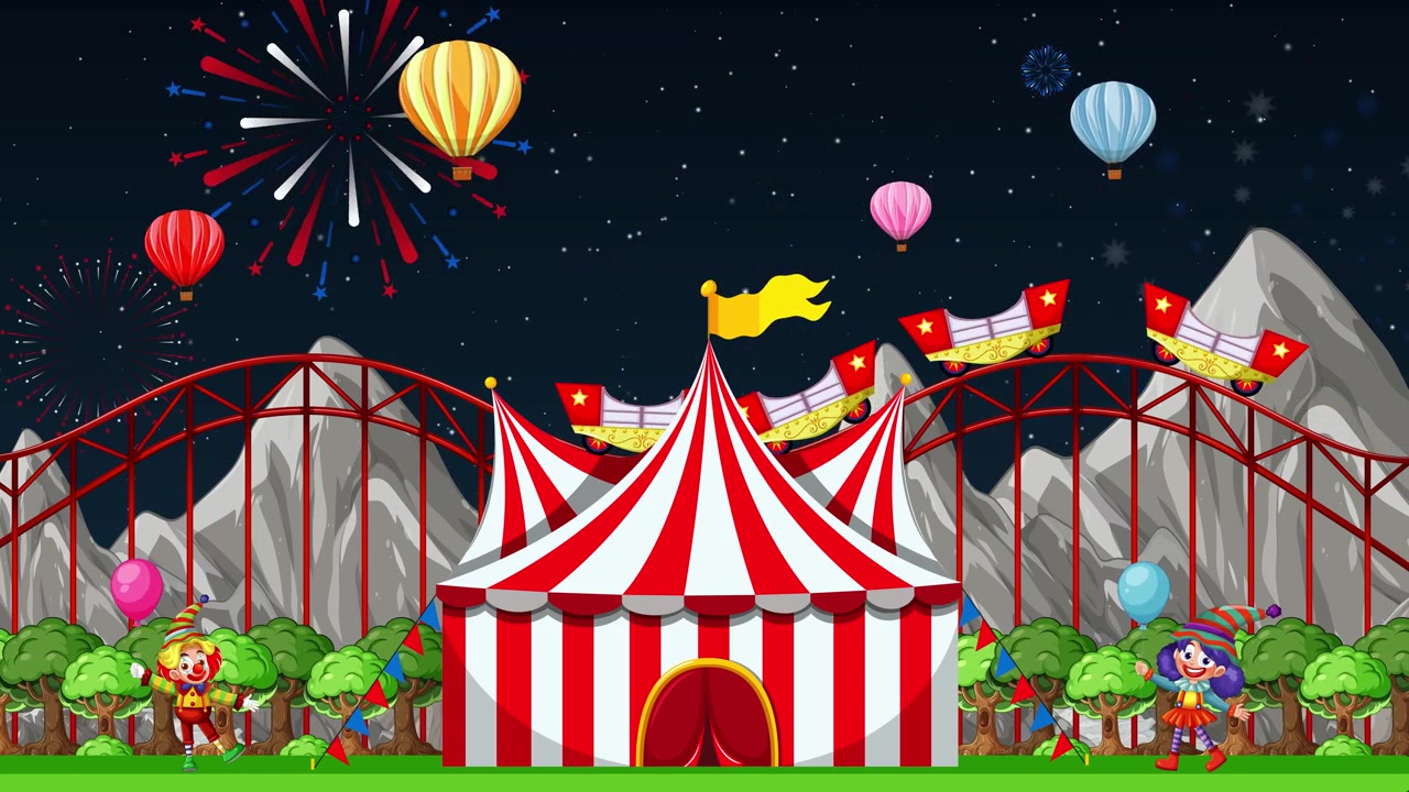Cartoon amusement park at night with moving roller coaster cars, fireworks, and floating balloons
