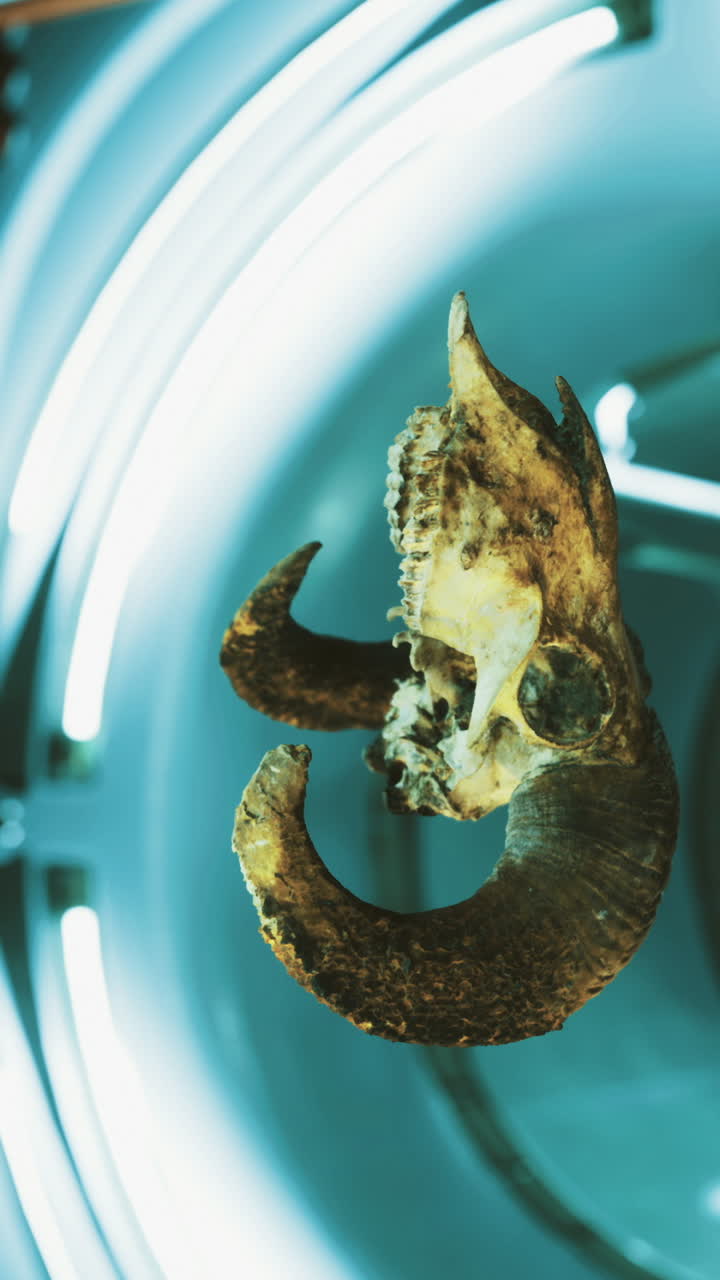 Intriguing ram skull suspended in an ethereal space illuminated by blue light