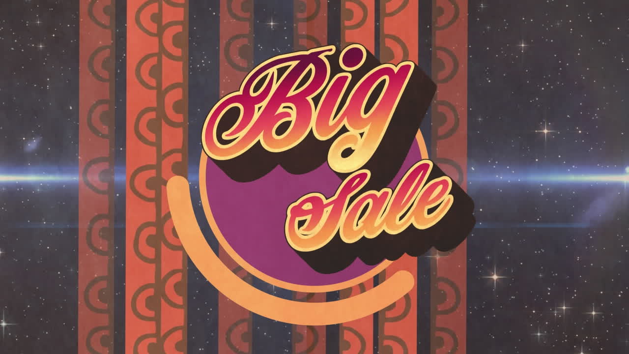 장식적인 줄무와 불빛으로 검은 바탕에 큰 판매의 애니메이션.