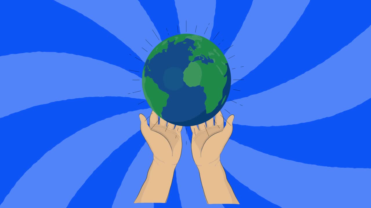 animación de manos sosteniendo un globo en un fondo azul en espiral