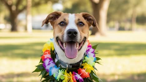 a playful dog smiles brightly in a vibrant floral lei, bringing joy to a sunny day in the park with lush greenery and a cheerful atmosphere