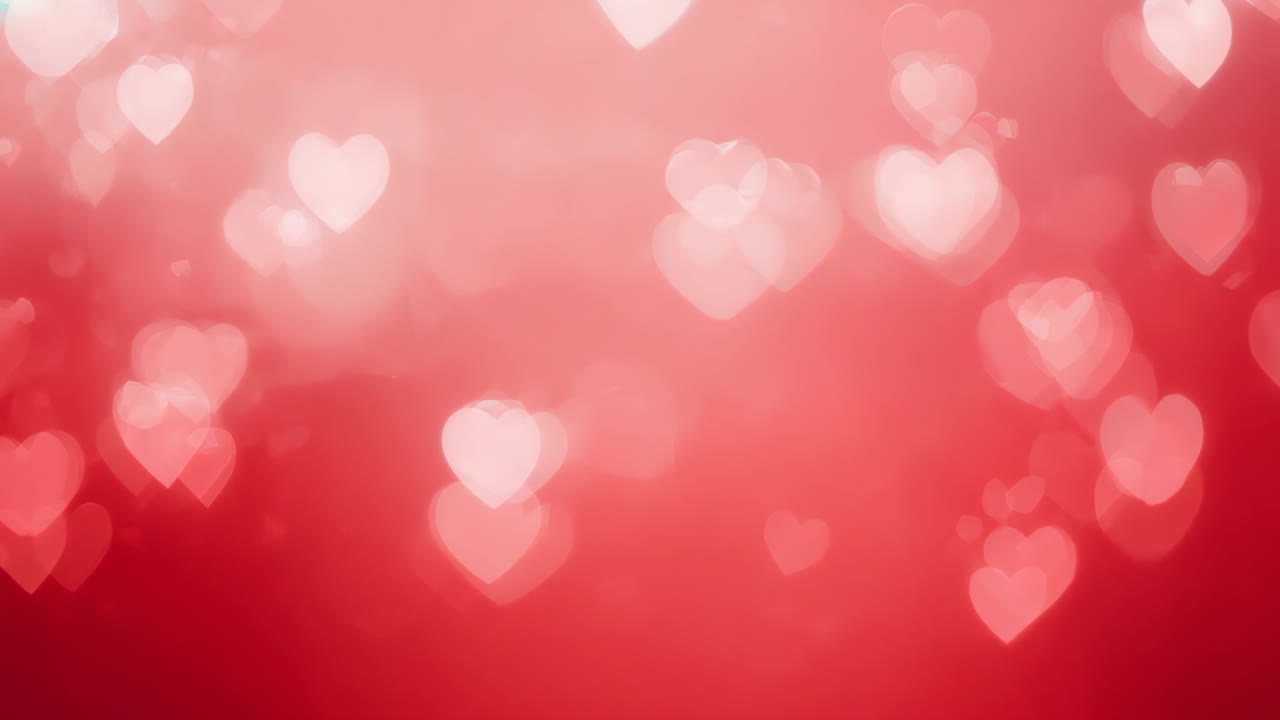 Gruppi di bokeh a forma di cuore che si muovono verso il basso su un gradiente rosso-rosa come scena romantica, loop iniziale