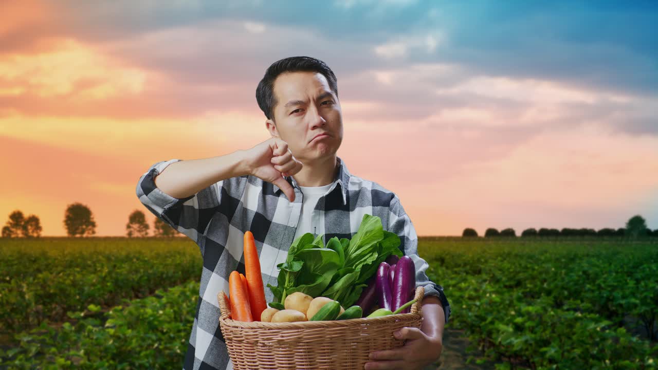 채소 바구니 를 가진 불만족 한 농부