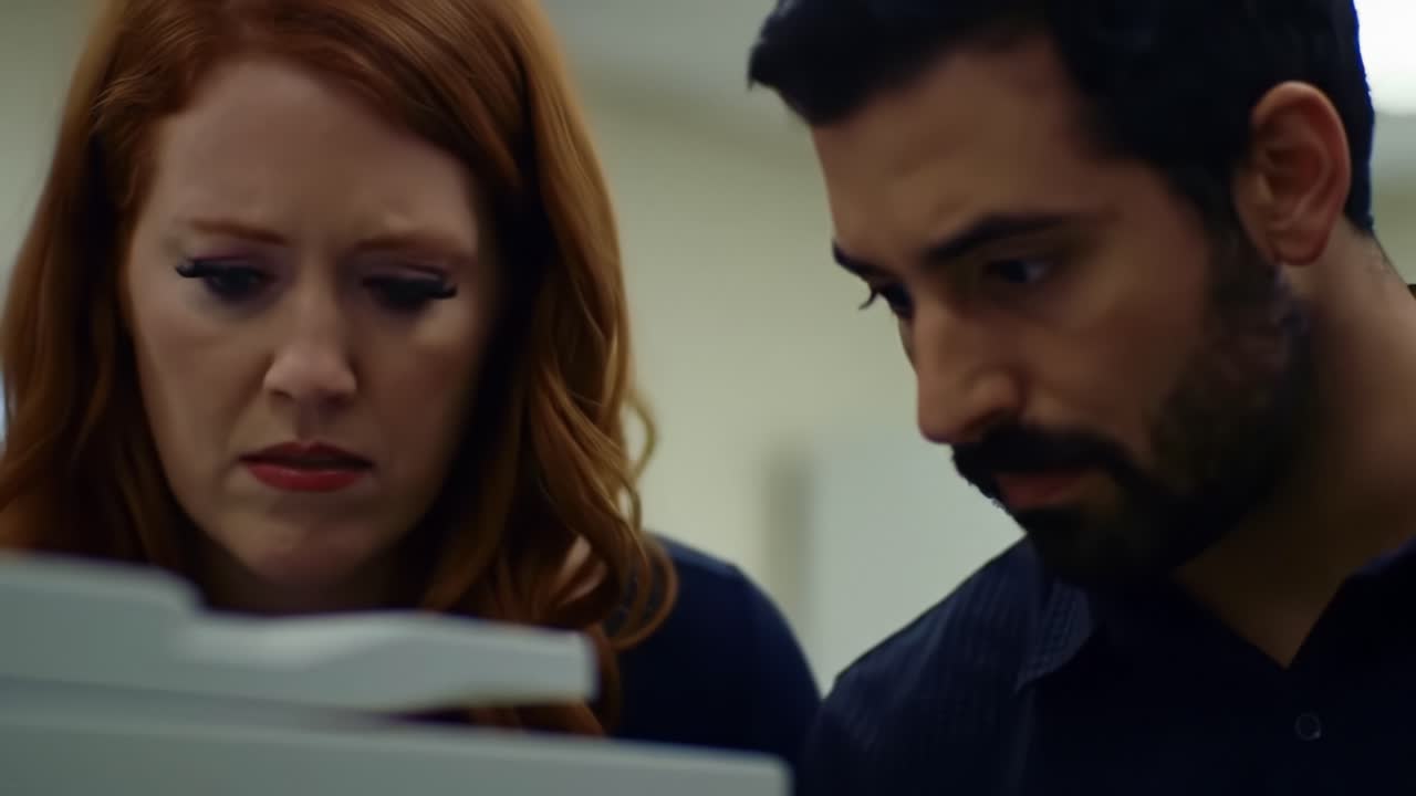 Colleagues appear focused and concerned as they examine printed documents in an office setting. Their expressions indicate the importance of the information being discussed.