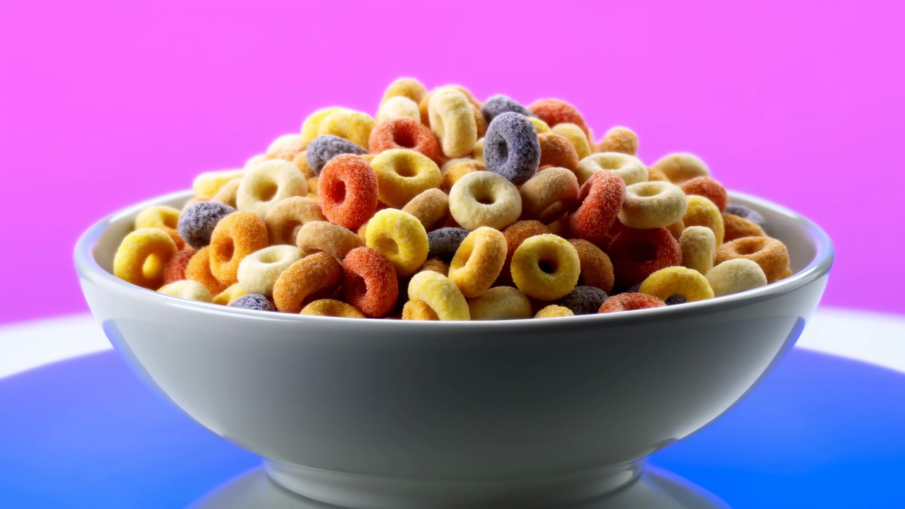 Bright studio scene shows a white porcelain bowl filled with multicolored ring shaped cereal