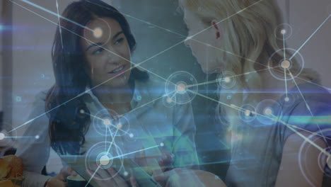 animation of network of connections over biracial female doctor and patient