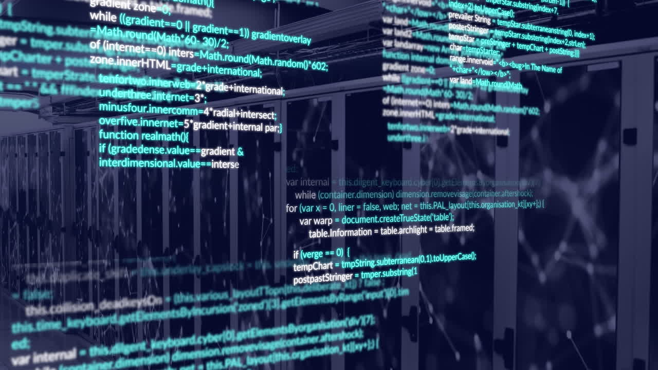 Animation of data processing and network of connections against computer server room
