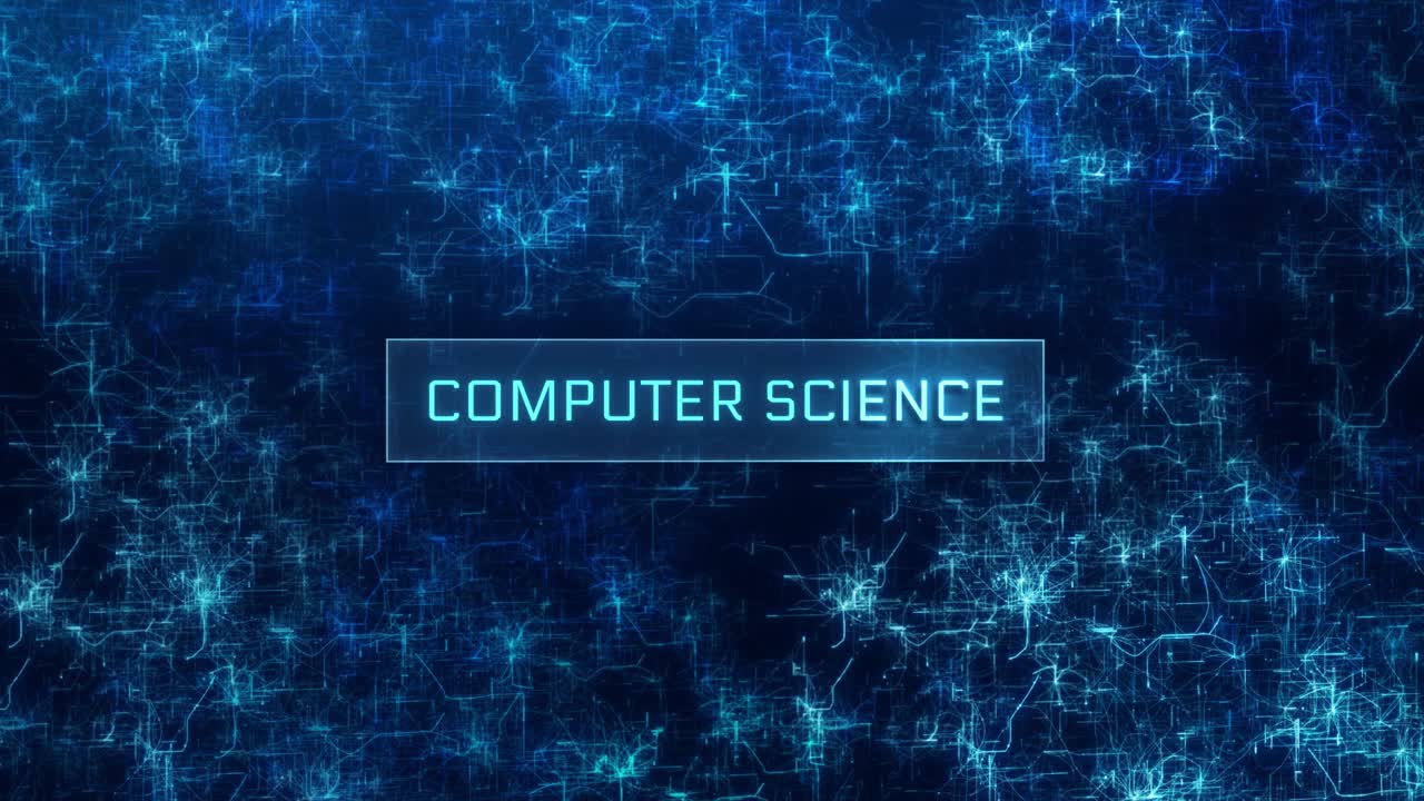 computer science concept over glitch neural network background. Concept of computer science on abstract computer networks