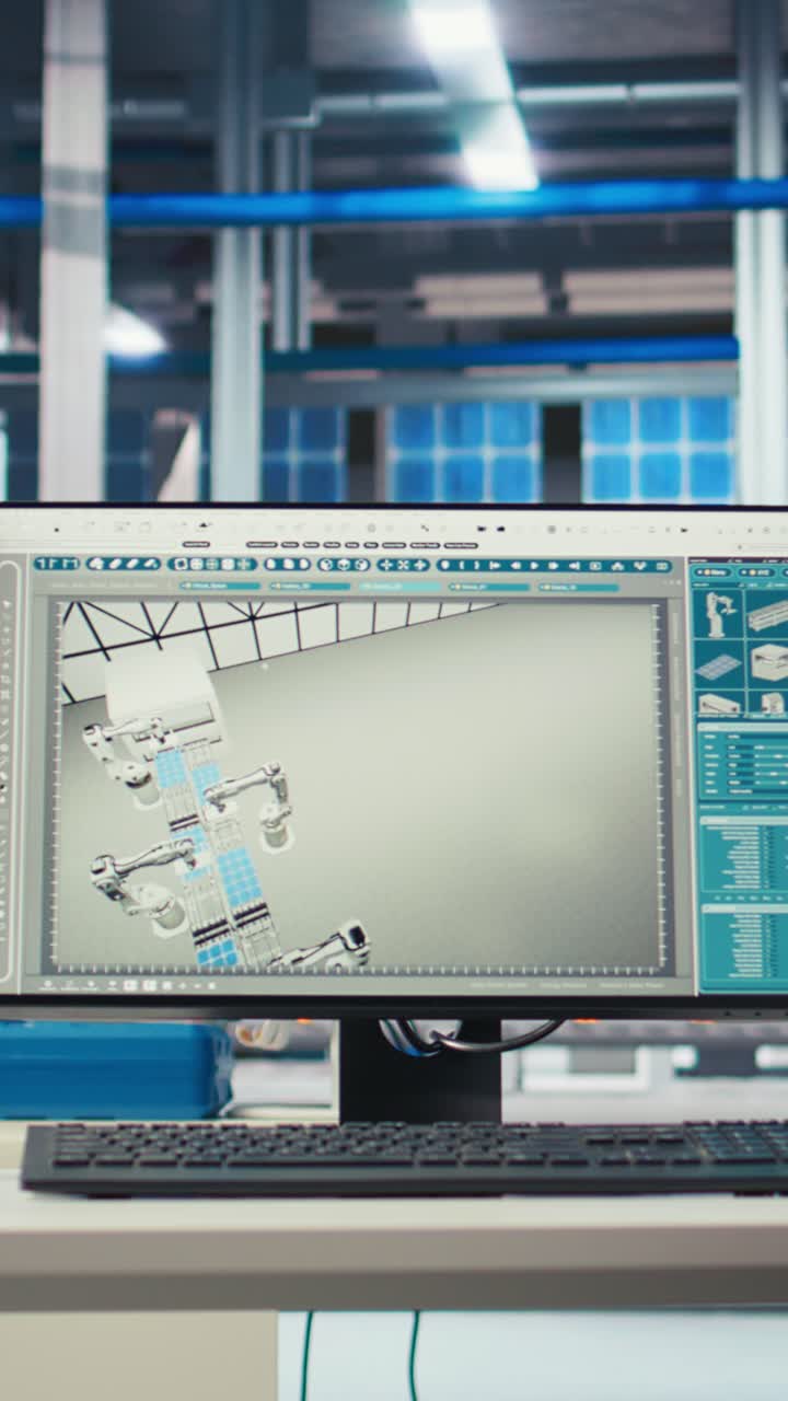 Vertical Video Pc Monitor On Desk In Green Energy Solar Panels Plant With Cad Software
