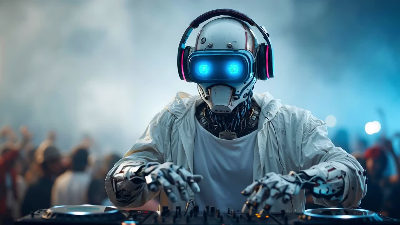 A man in a white suit and headphones playing a dj set at a party