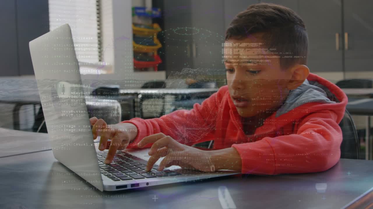 Animation of subscribe unk over businesswoman using laptop