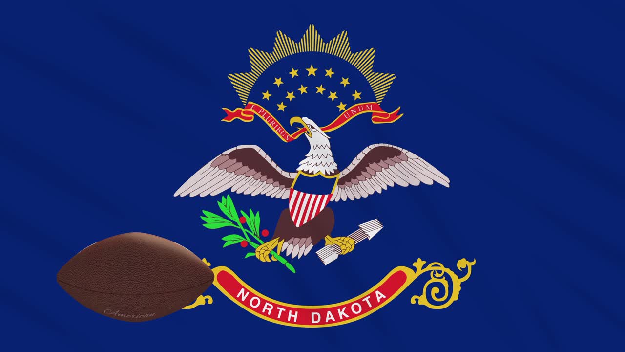 la bandera de dakota del norte agita y la pelota de fútbol americano gira, en bucle