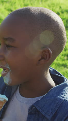 video de un feliz niño afroamericano comiendo helados en la hierba en un día soleado