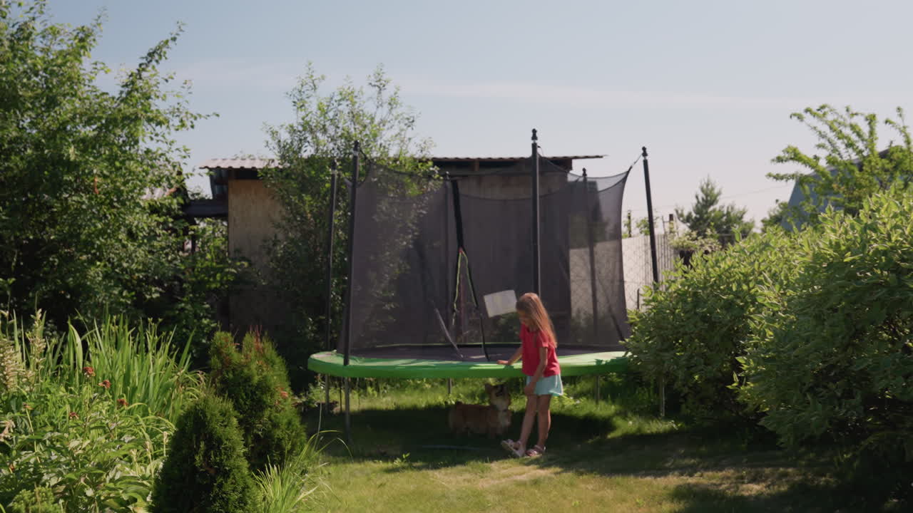 Young Girl Examining Outside Environment, Girl Interacts With Nature Near Trampoline On Sunny Morning, Female Child Engaged In Playful Exploration Amidst Garden Greenery Under Bright Sunlight
