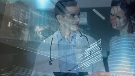 animación de procesamiento de datos sobre un médico caucásico y una mujer hablando