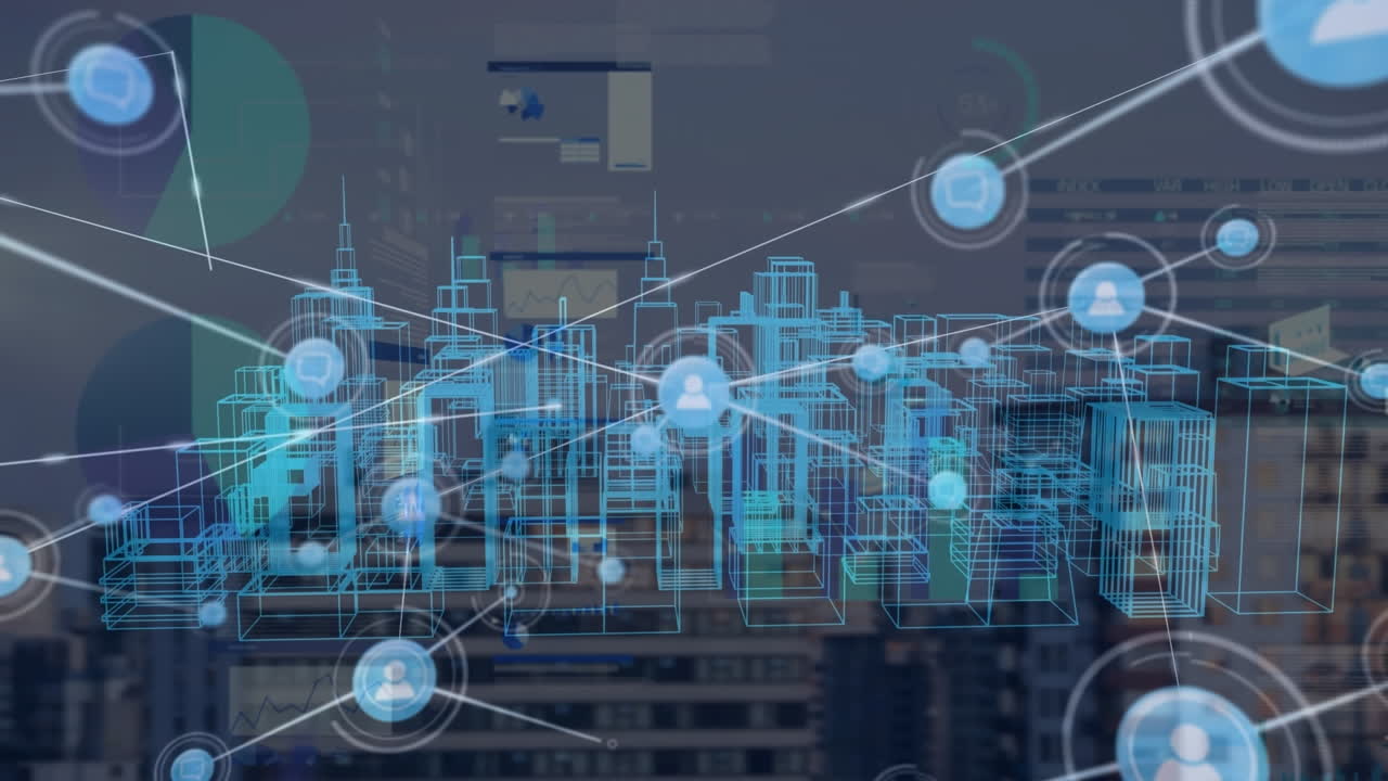 Animation of connections, graphs and metaverse city over cityscape