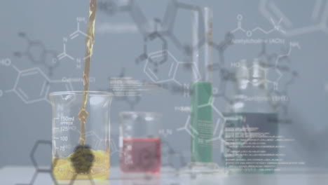 animation of elements and data processing over chemical pouring into beaker at laboratory