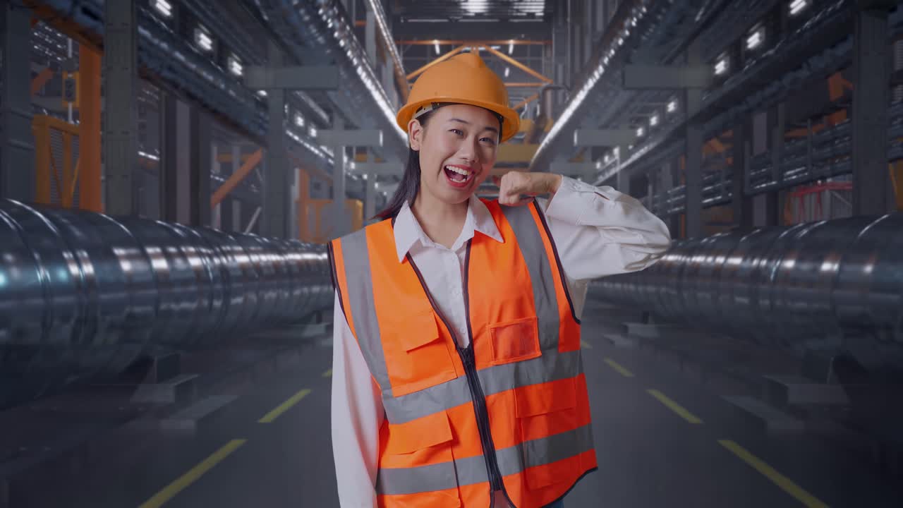 Asian Female Engineer With Safety Helmet Smiling To Camera And Making Call Me Gesture While Standing With Metal Pipes