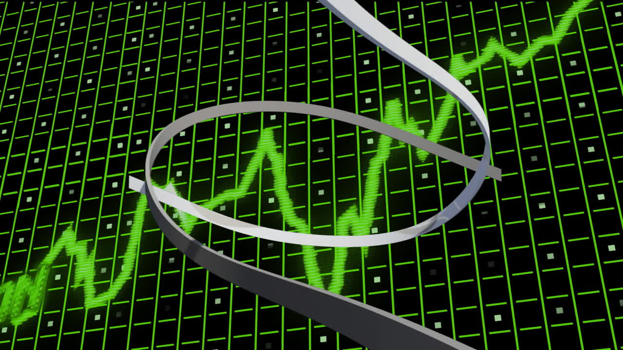 흑색 바탕에 그리드 위에서 금융 데이터 처리를 하는 슬램플레이션 애니메이션